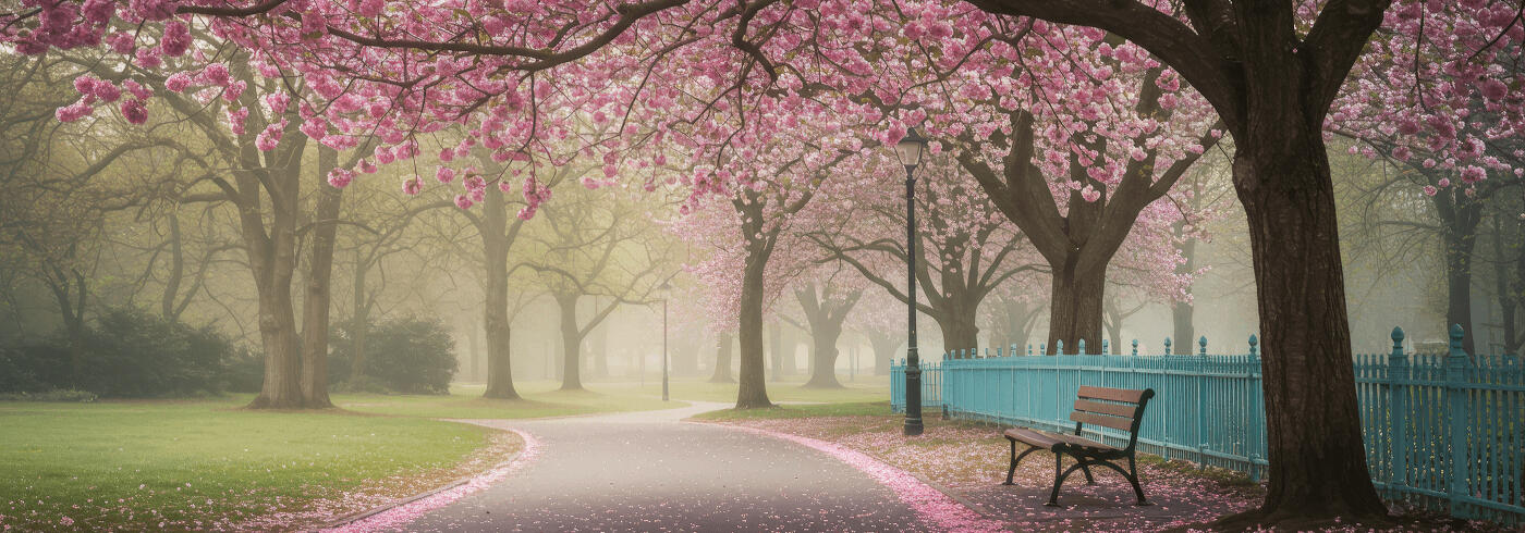 Wooden park bench under a blooming cherry blossom tree overlooking a park landscape.
