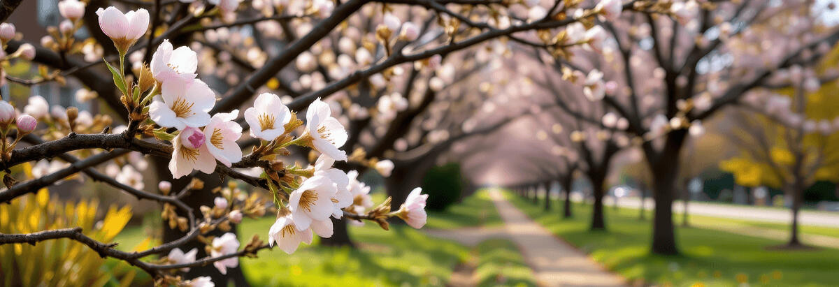 A narrow walkway flanked by green grass and a long row of cherry blossom trees in full bloom, running parallel to a roadside