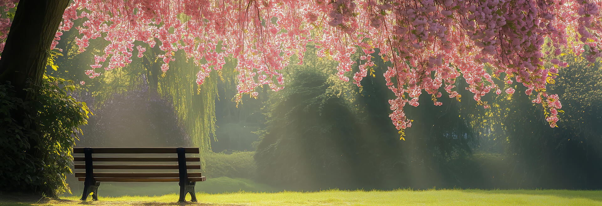 Path lined with blooming cherry blossom trees next to a road A narrow walkway flanked by green grass and a long row of cherry blossom trees in full bloom, running parallel to a roadside